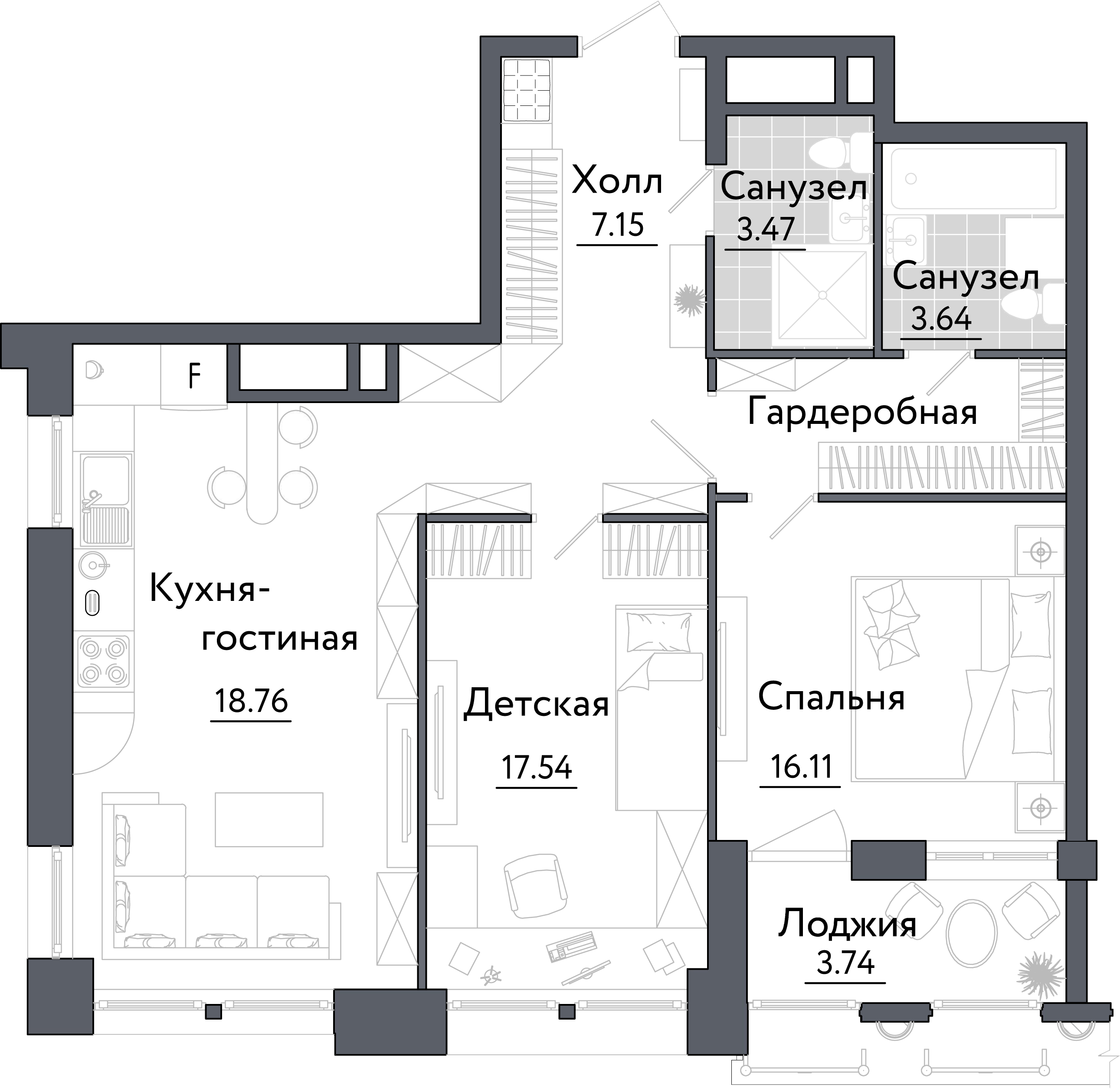 2х-комнатная квартира в ЖК Счастье на Ломоносовском