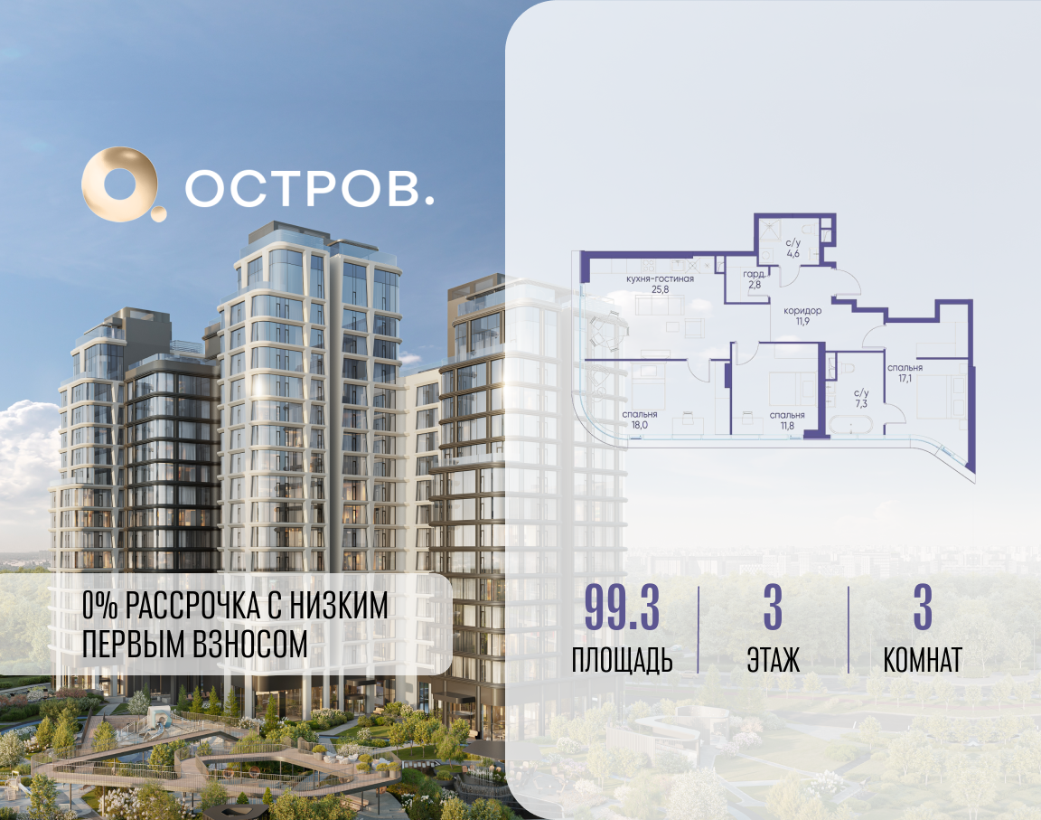3х-комнатная квартира в ЖК Остров