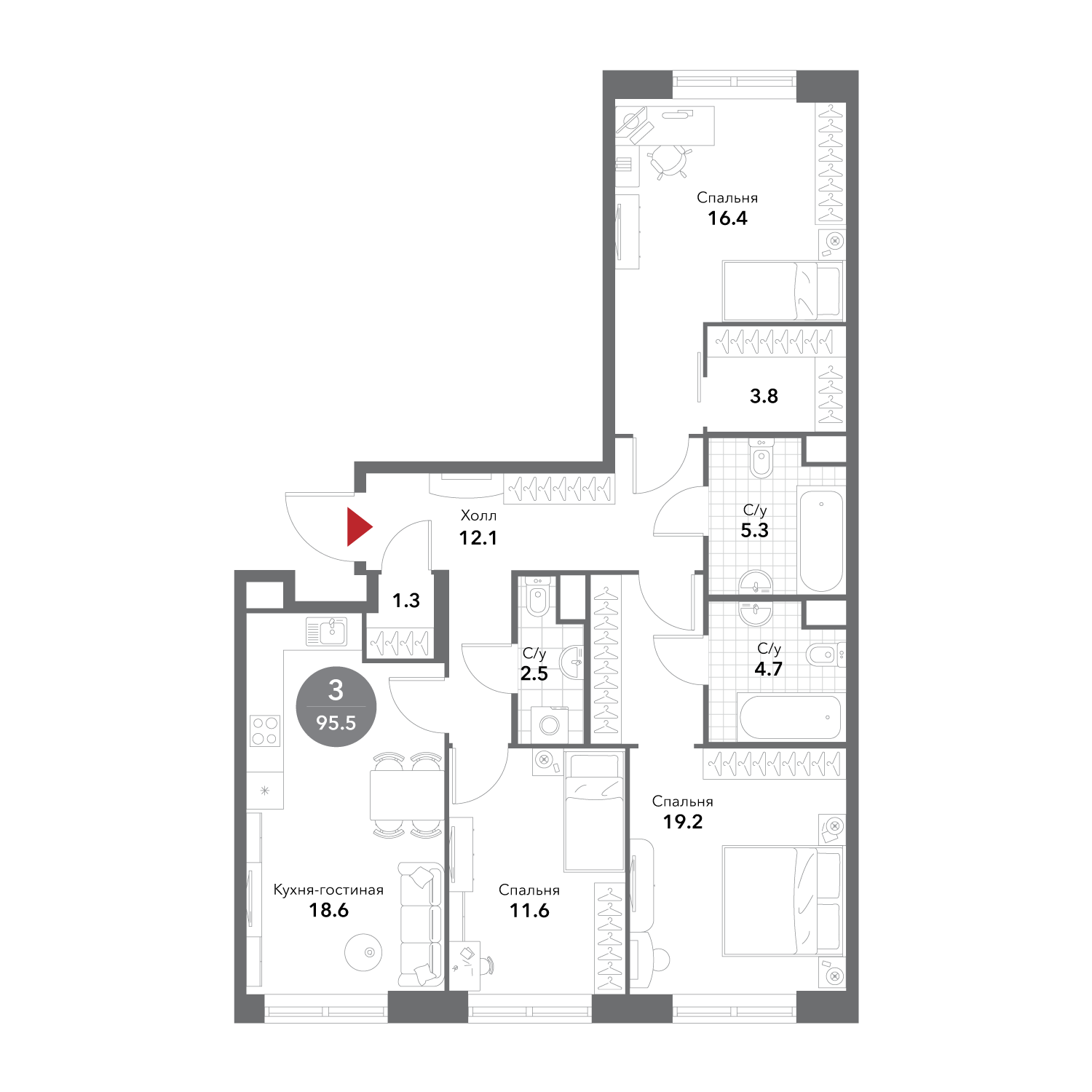 3х-комнатная квартира в ЖК Жилой комплекс бизнес-класса Voxhall