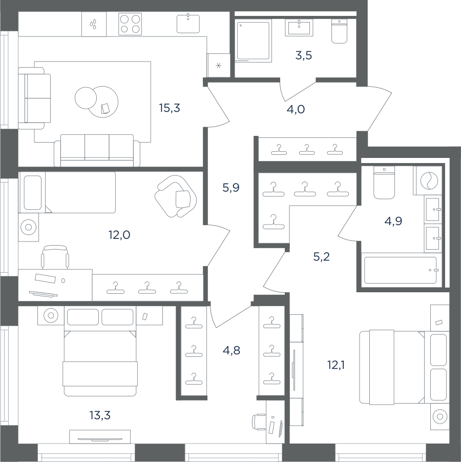 3х-комнатная квартира в ЖК Равновесие