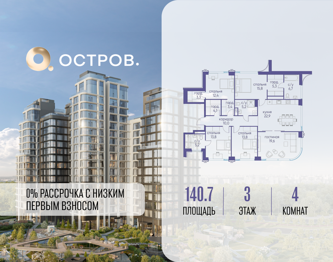4х-комнатная квартира в ЖК Остров
