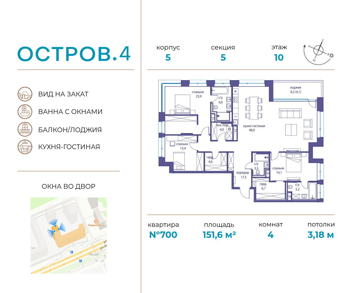 4х-комнатная квартира в ЖК Остров