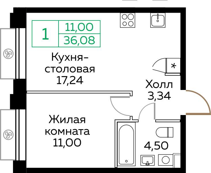 1-комнатная квартира в ЖК КИТ