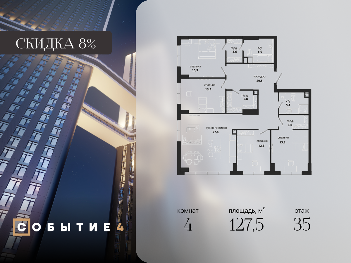 4х-комнатная квартира в ЖК Событие