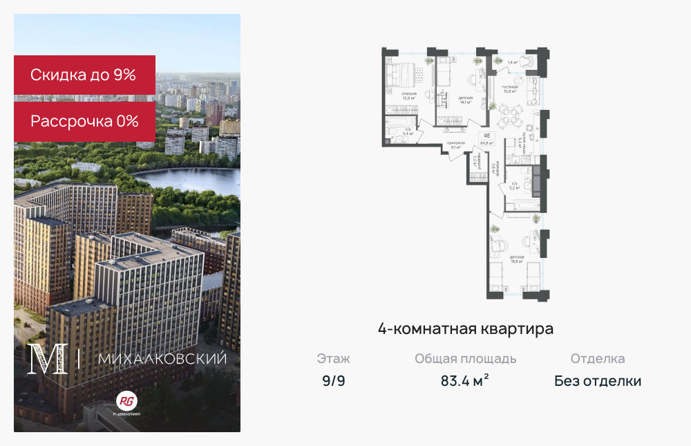 4х-комнатная квартира в ЖК Михалковский