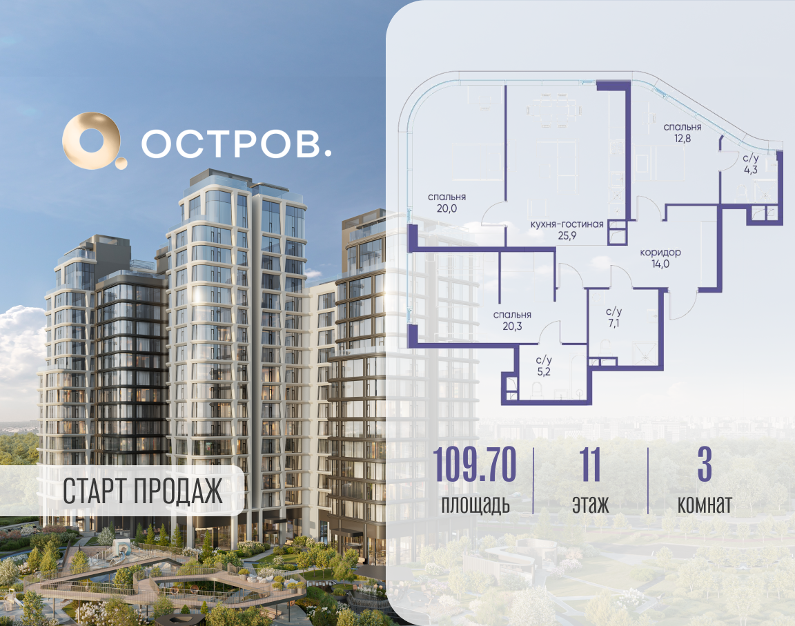 3х-комнатная квартира в ЖК Остров