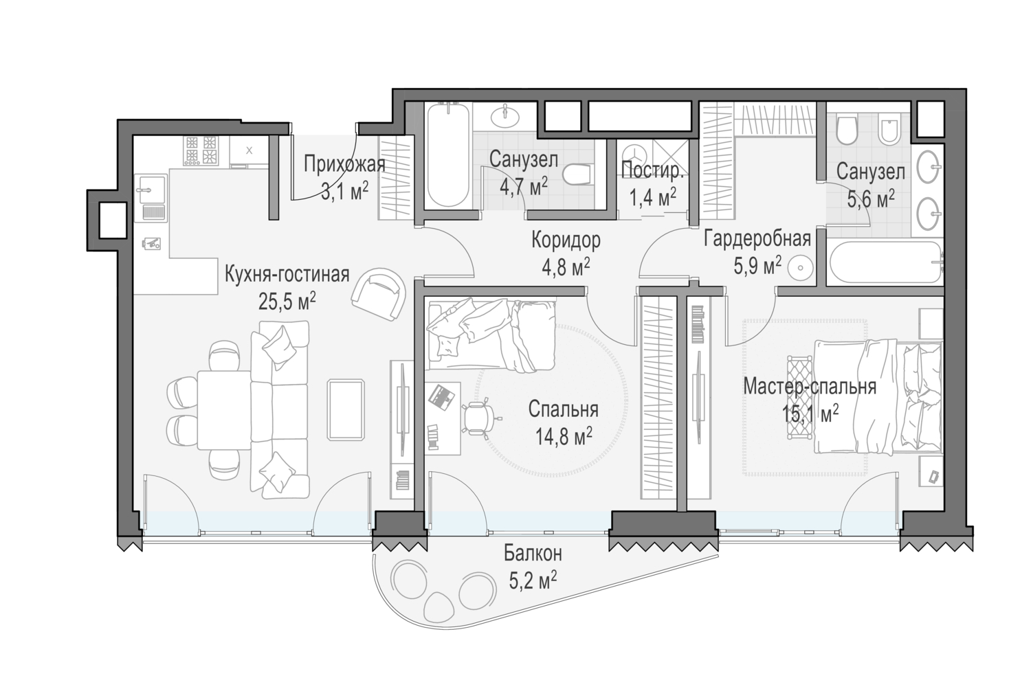 2х-комнатная квартира в ЖК Дом с видом на Кремль &quot;Лаврушинский&quot;