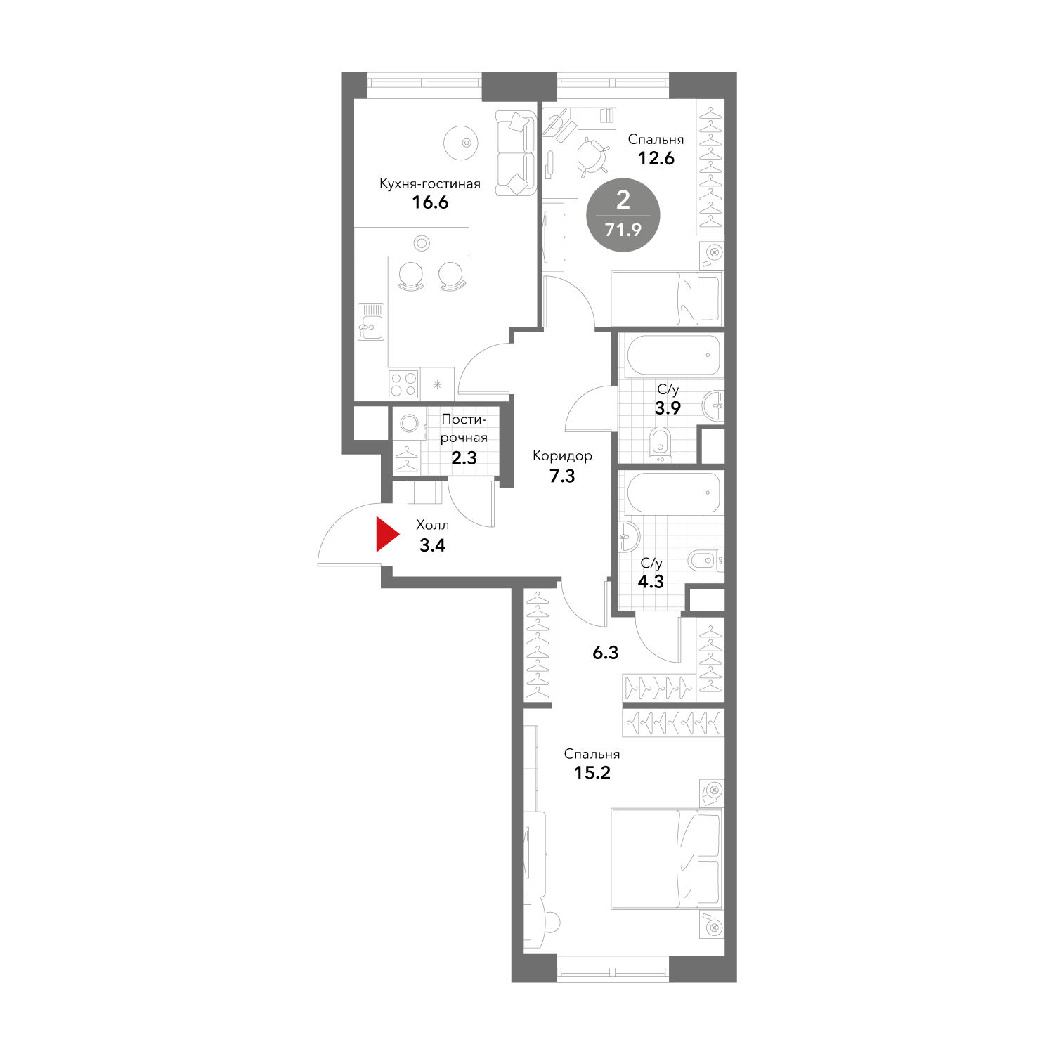 2х-комнатная квартира в ЖК Жилой комплекс бизнес-класса Voxhall