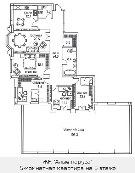 5-комнатная квартира в ЖК Алые паруса