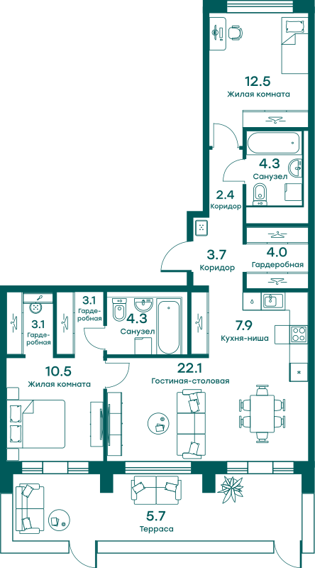 3х-комнатная квартира в ЖК Равновесие