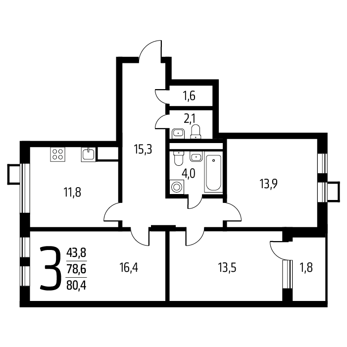 3х-комнатная квартира в ЖК Район Новые Ватутинки мкр. Центральный