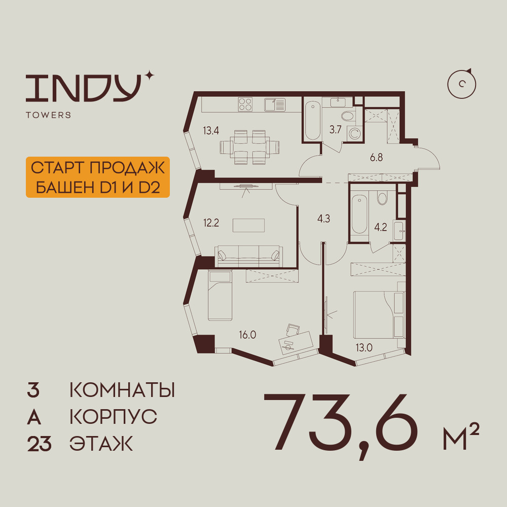 3х-комнатная квартира в ЖК INDY TOWERS (Инди Тауэрз)