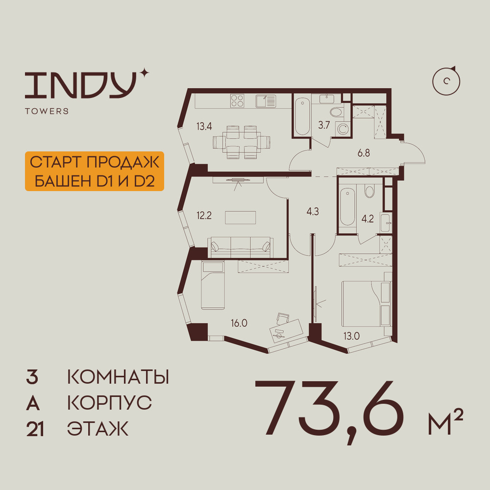 3х-комнатная квартира в ЖК INDY TOWERS (Инди Тауэрз)