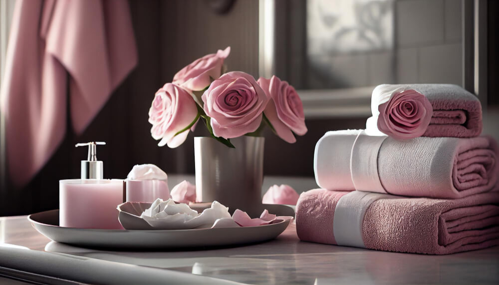 Цвет пыльной розы в интерьере: мебель и текстиль в ванной