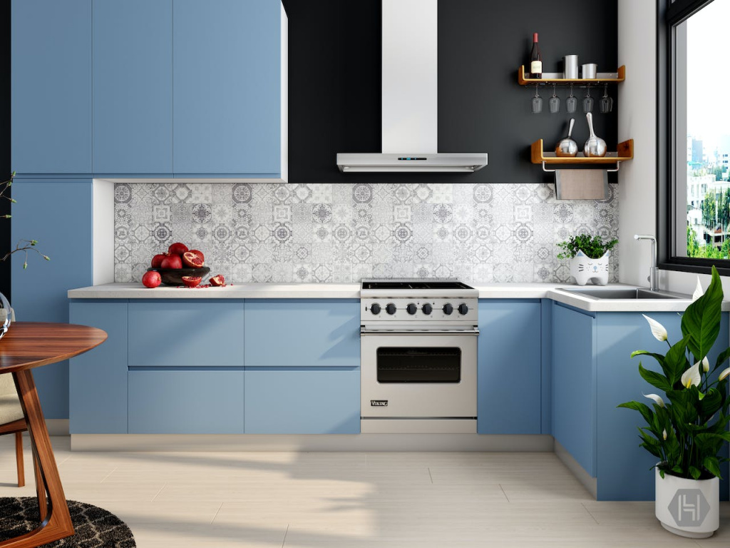 Серо-голубой цвет в интерьере: мебель для кухни