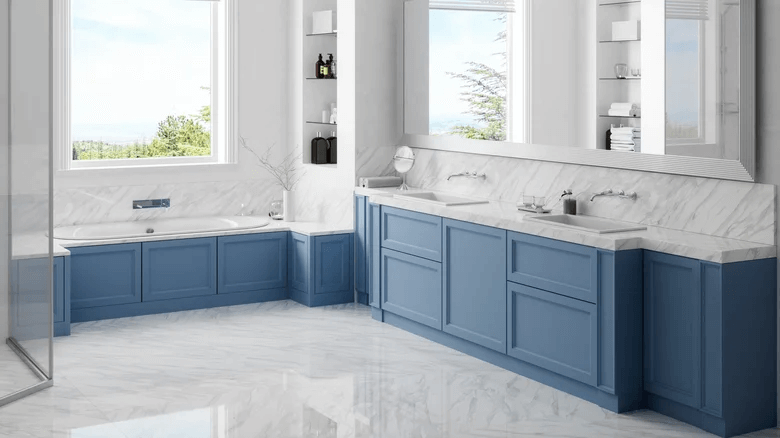 Серо-голубой цвет в интерьере: мебель в ванной
