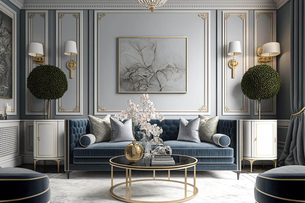 Серо-голубой цвет в интерьере: классический стиль в гостиной